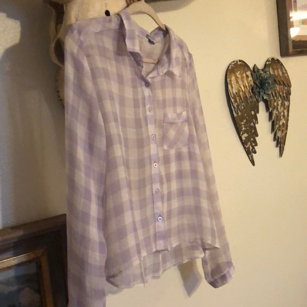 Lavender and white long sleeve sheer blouse